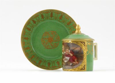 Appraisal: A Vienna-style cup cover and stand painted with two young