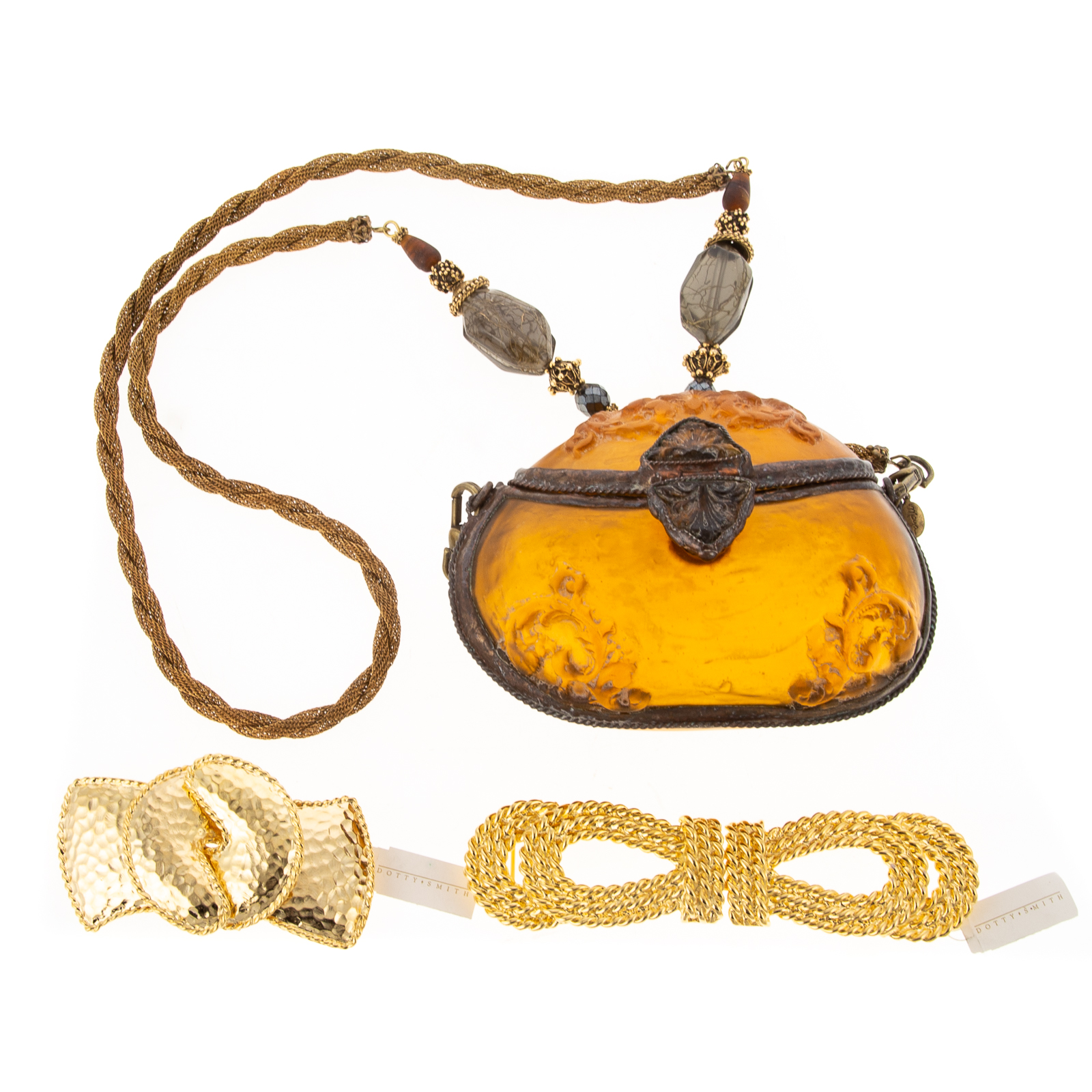 Appraisal: MAYA AMBER COLORED HARD-SHELL EVENING BAG with gold-tone and beaded