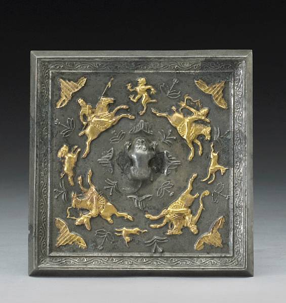 Appraisal: A gilt and silvered bronze square mirror Of possible Tang