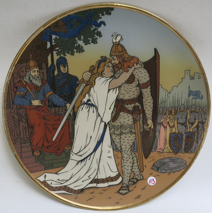 Appraisal: METTLACH ETCHED POTTERY PLAQUE Knight and Maiden Embracing King in