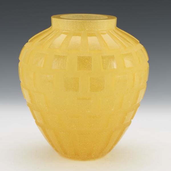 Appraisal: DAUM FRANCE AMBER YELLOW PATE-DE-VERRE RYTHMES VASE x Heavy thick