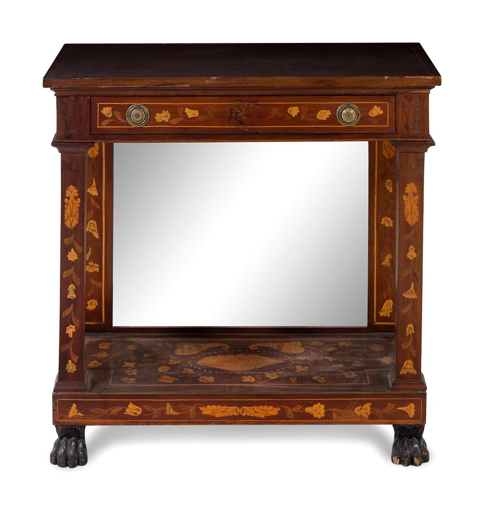 Appraisal: A Dutch Mahogany and Marquetry Mirrored Console Table A Dutch