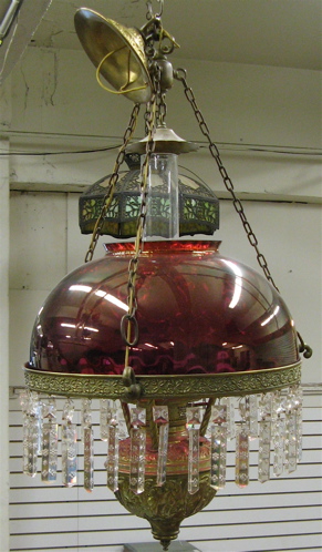 Appraisal: VICTORIAN STYLE HANGING KEROSENE LIGHT FIXTURE American th century with