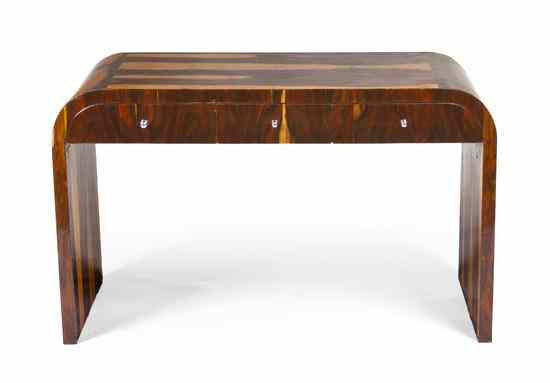 Appraisal: An Art Deco Style Various Woods Desk of rounded rectangular