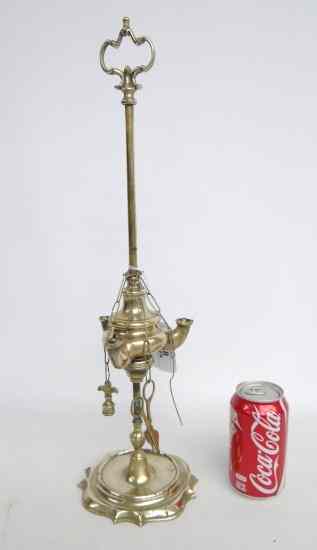 Appraisal: th c brass oil lamp with original attachments '' Ht