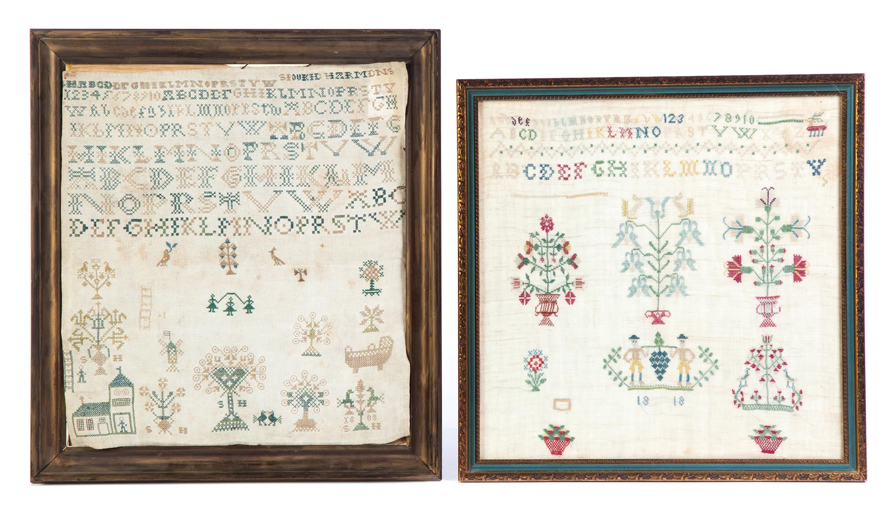 Appraisal: TWO SAMPLERS American or German silk on linen Alphabets over