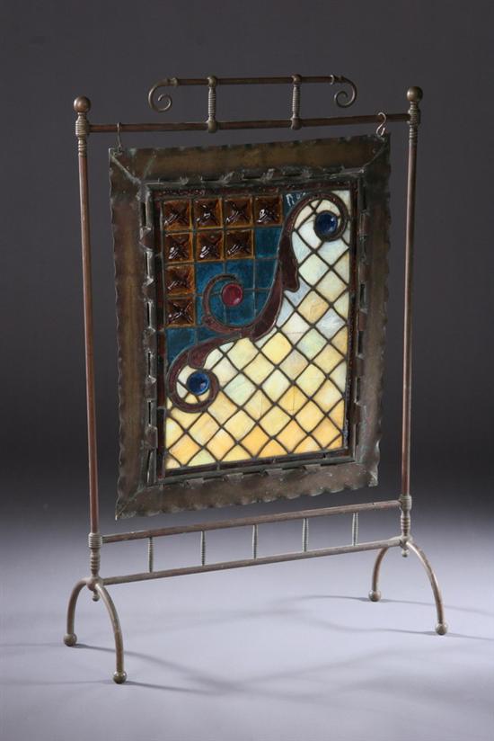 Appraisal: ARTS CRAFTS-STYLE COLORED GLASS AND COPPER FIRESCREEN Early th century