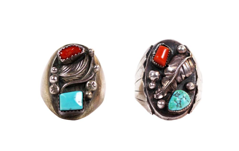 Appraisal: Unmarked each with a turquoise and a coral-mounted stone the