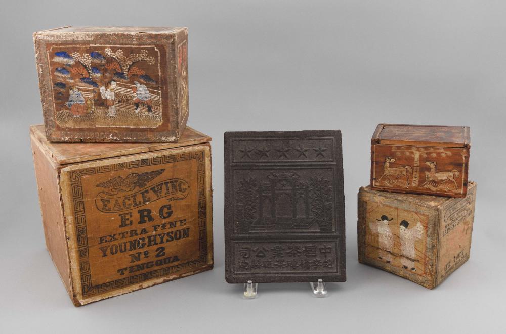 Appraisal: FOUR CHINESE TEA BOXES AND A BLOCK OF TEA th