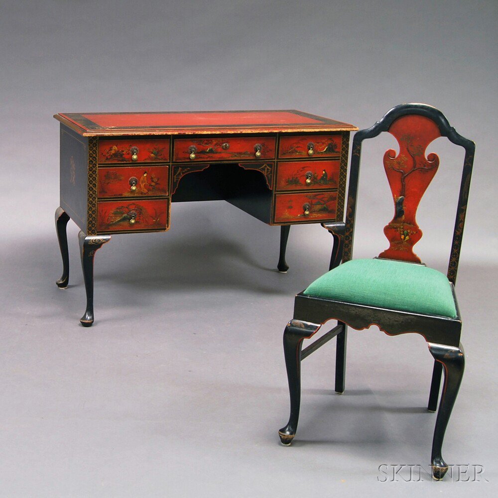 Appraisal: Queen Anne-style Japanned Desk and Chair the desk with red-