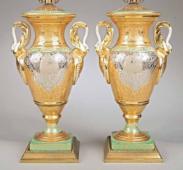 Appraisal: A Pair of French Gilt and Platinum Decorated Lamps green