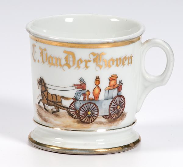 Appraisal: OCCUPATIONAL SHAVING MUG FIREMAN'S Porcelain with polychrome-painted horse-drawn fire truck