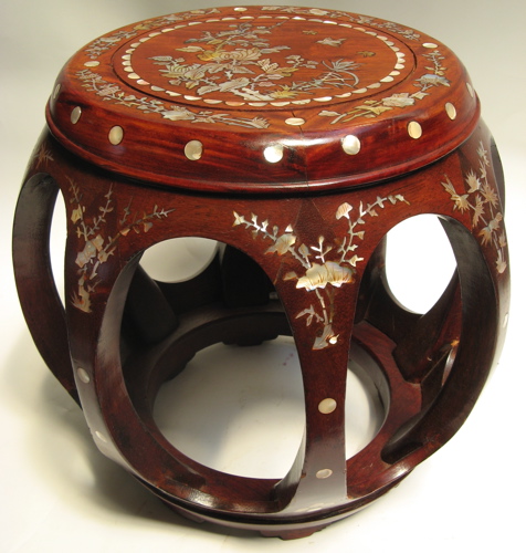 Appraisal: A MAHOGANY DRUM STOOL WITH CARVED MOTHER OF PEARL INLAY