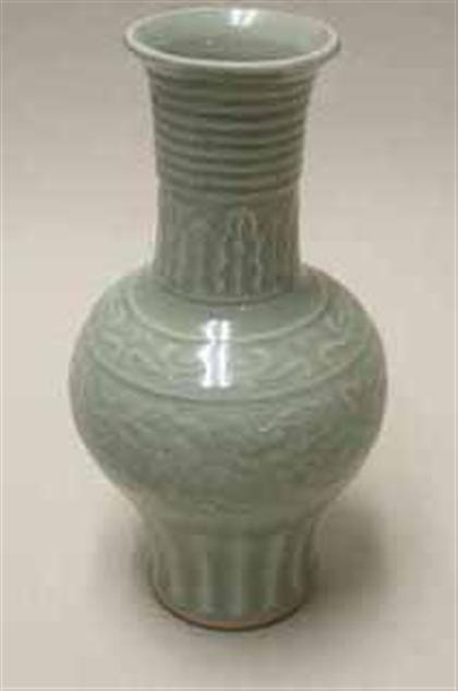 Appraisal: Chinese celadon vase th century Of baluster form carved with