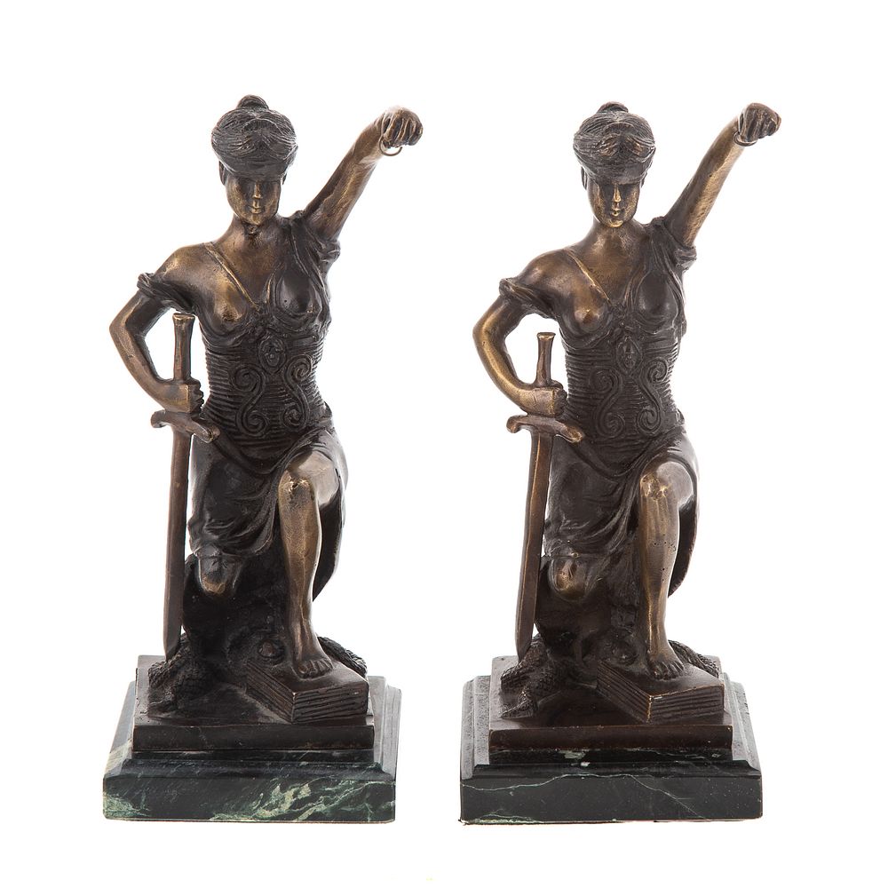 Appraisal: A Pair of Justice Bronze Bookends Kneeling figure of Justice