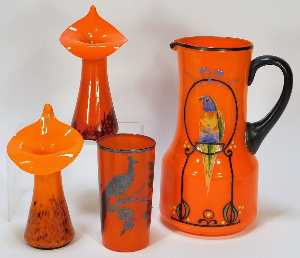 Appraisal: Orange Bohemian Czech Art Glass Vase Pitcher Group Bohemia Early