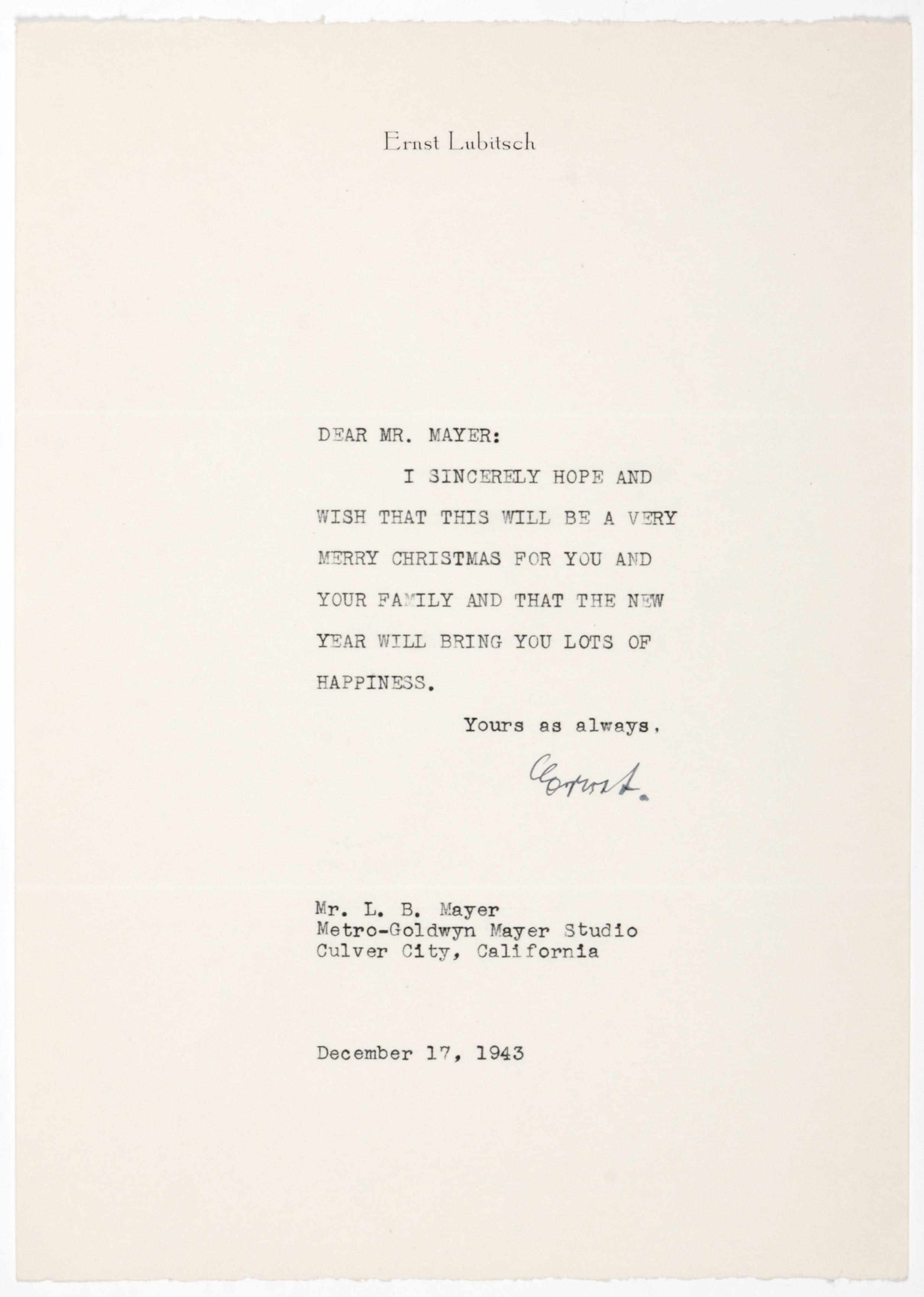 Appraisal: LUBITSCH ERNST - Typed Letter Signed ''Ernst'' p to n