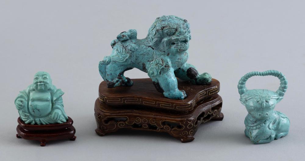 Appraisal: THREE CHINESE CARVED TURQUOISE FIGURES TH CENTURYTHREE CHINESE CARVED TURQUOISE