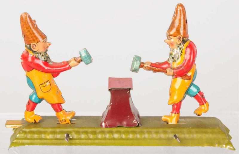 Appraisal: Tin Litho Elves Penny Toy German Marked Gesch on one