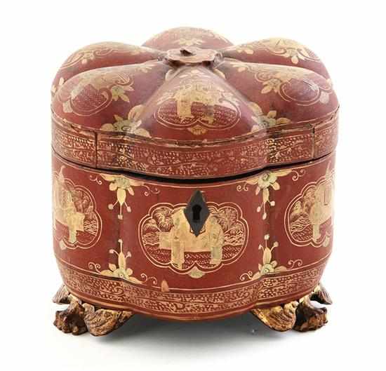 Appraisal: Chinese Export gilt red-lacquer tea caddy th century gilt figural