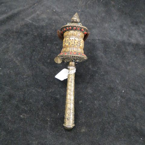 Appraisal: Tibetian Prayer Wheel Jeweled with coral turquoise carved bone long