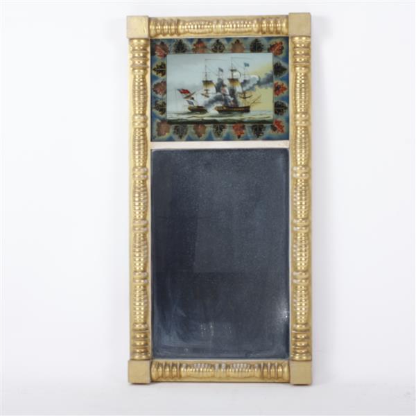 Appraisal: Federal style mirror with reverse-painted scene of naval battle of