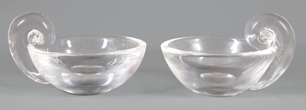 Appraisal: Pair of Steuben Glass Snail-Scroll Olive Dishes etched marks designed