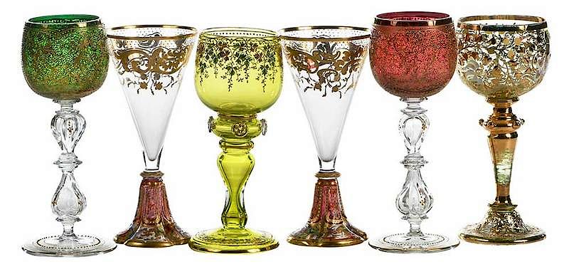 Appraisal: Six Moser Style Enamel Decorated Stems pair of Moser gilt