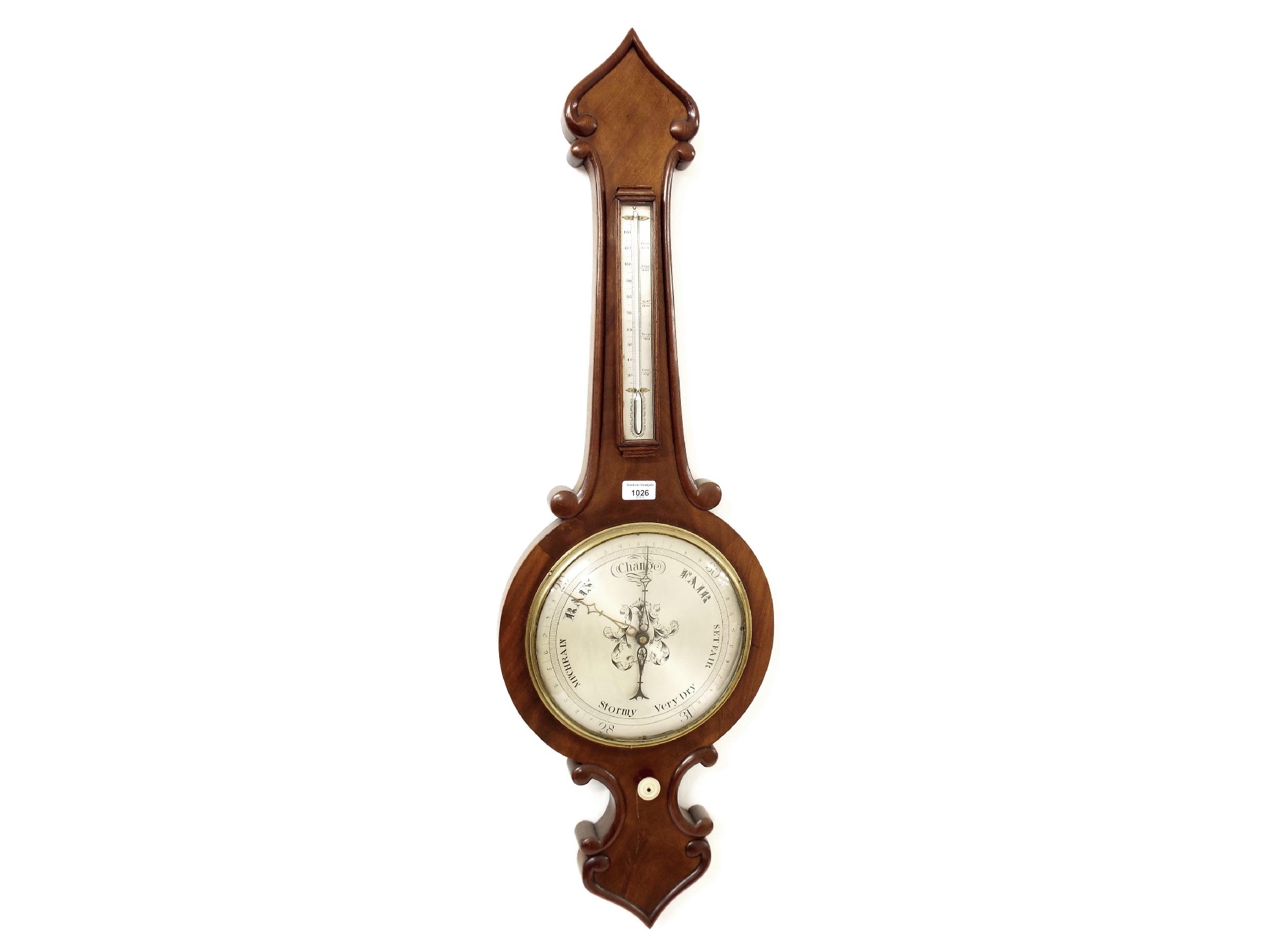 Appraisal: Walnut banjo barometer thermometer the silvered scale within a shaped