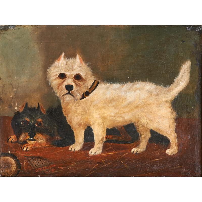 Appraisal: BRITISH SCHOOL PORTRAIT OF TERRIERS Oil on canvas of a