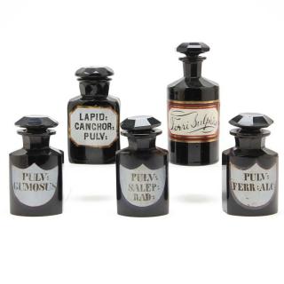 Appraisal: Group of Five Black Hyalite Apothecary Bottles mid - th