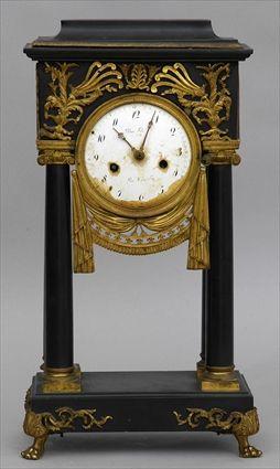 Appraisal: CHARLES X ORMOLU-MOUNTED BLACK MARBLE PILLAR CLOCK The enameled dial