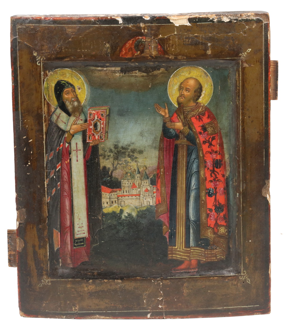 Appraisal: TH C RUSSIAN WOOD ICON Polychrome oil and gilt on