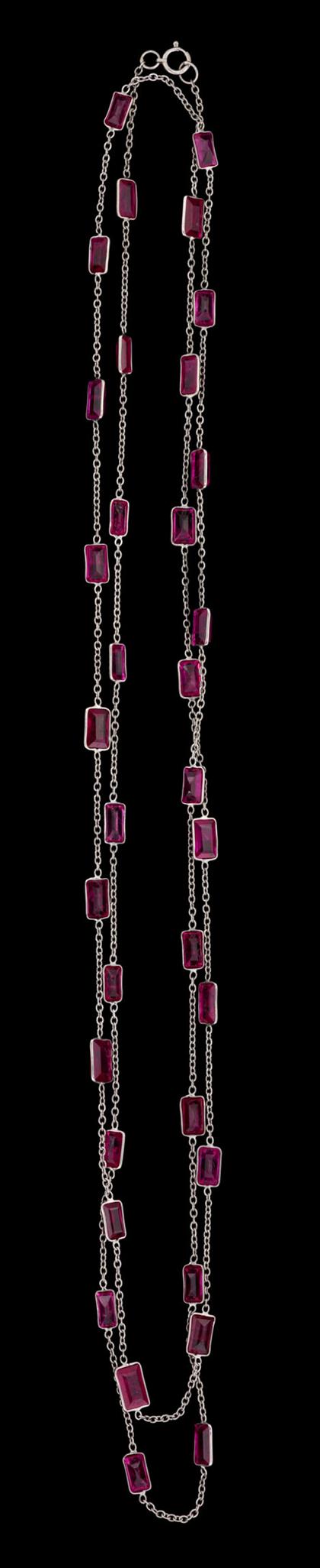 Appraisal: Platinum and ruby by the yard style necklace Rectangular cut