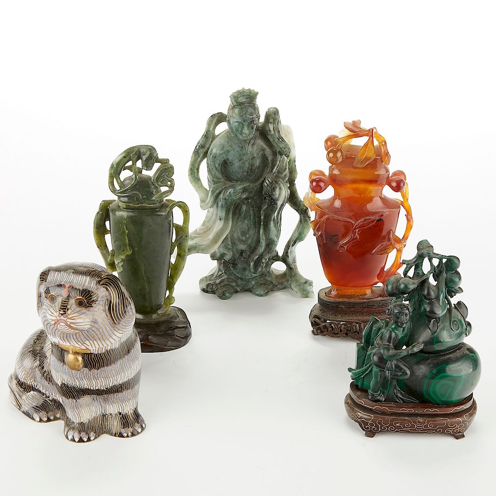 Appraisal: Group of Chinese Hardstone and Jade Carvings w Cloisonne Dog