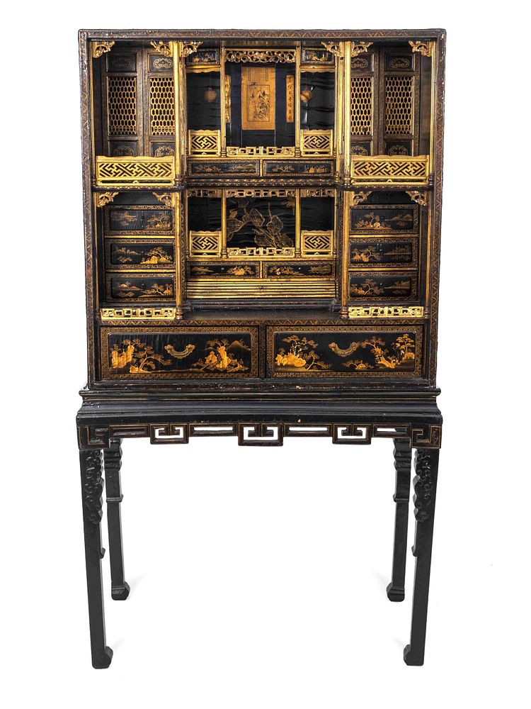 Appraisal: A Chinese Export Gilt Decorated Black Lacquered Cabinet-on-Stand Height x