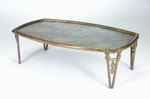 Appraisal: PHILIP KELVIN LAVERNE Chan coffee table its boat-shaped top depicting