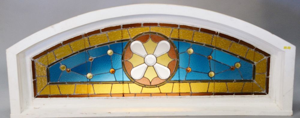 Appraisal: Victorian leaded glass transom window white painted wooden casing curved