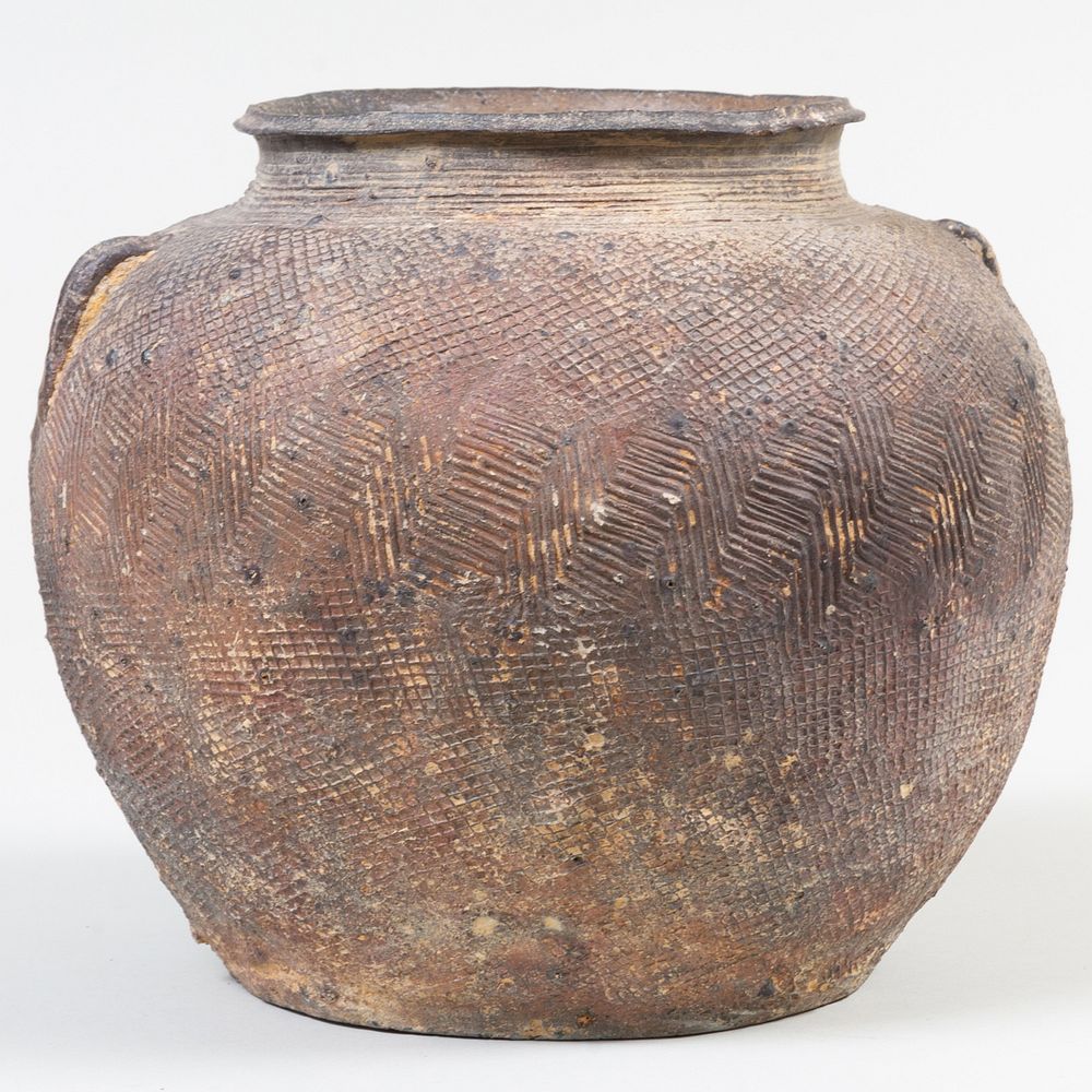 Appraisal: Chinese Woodfired Pottery Jar with Impressed Decoration in high Condition