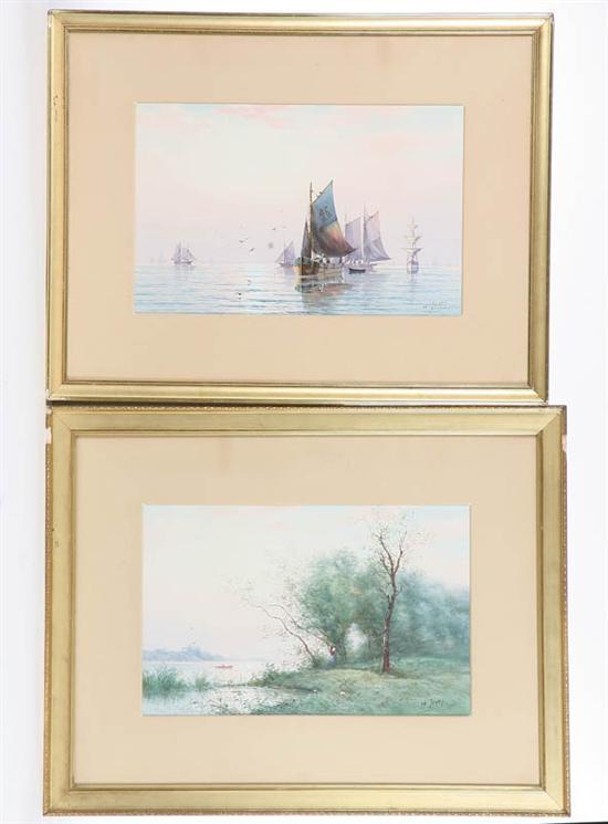 Appraisal: TWO WATERCOLORS BY H LEVEY Colorful scene of sailboats in