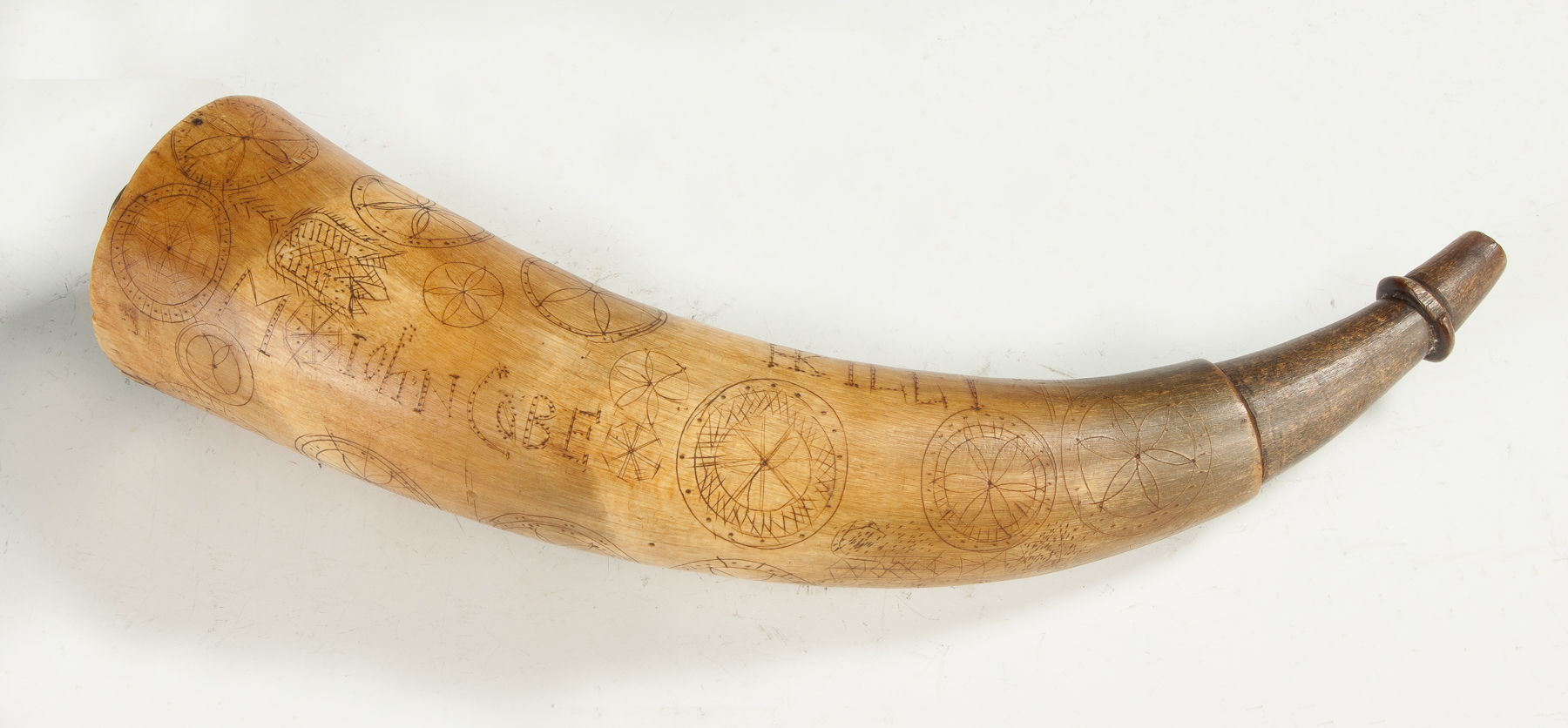 Appraisal: John Cobe Powder Horn Turned and stepped Engraved with John