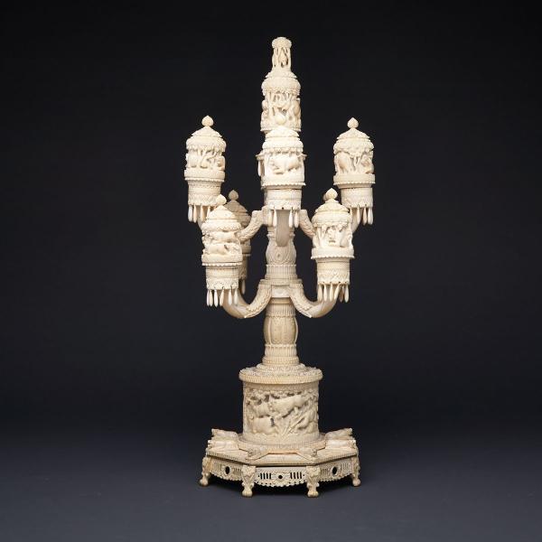 Appraisal: Anglo-Indian Carved Ivory Candelabrum Form Cricket Cage Stand th century