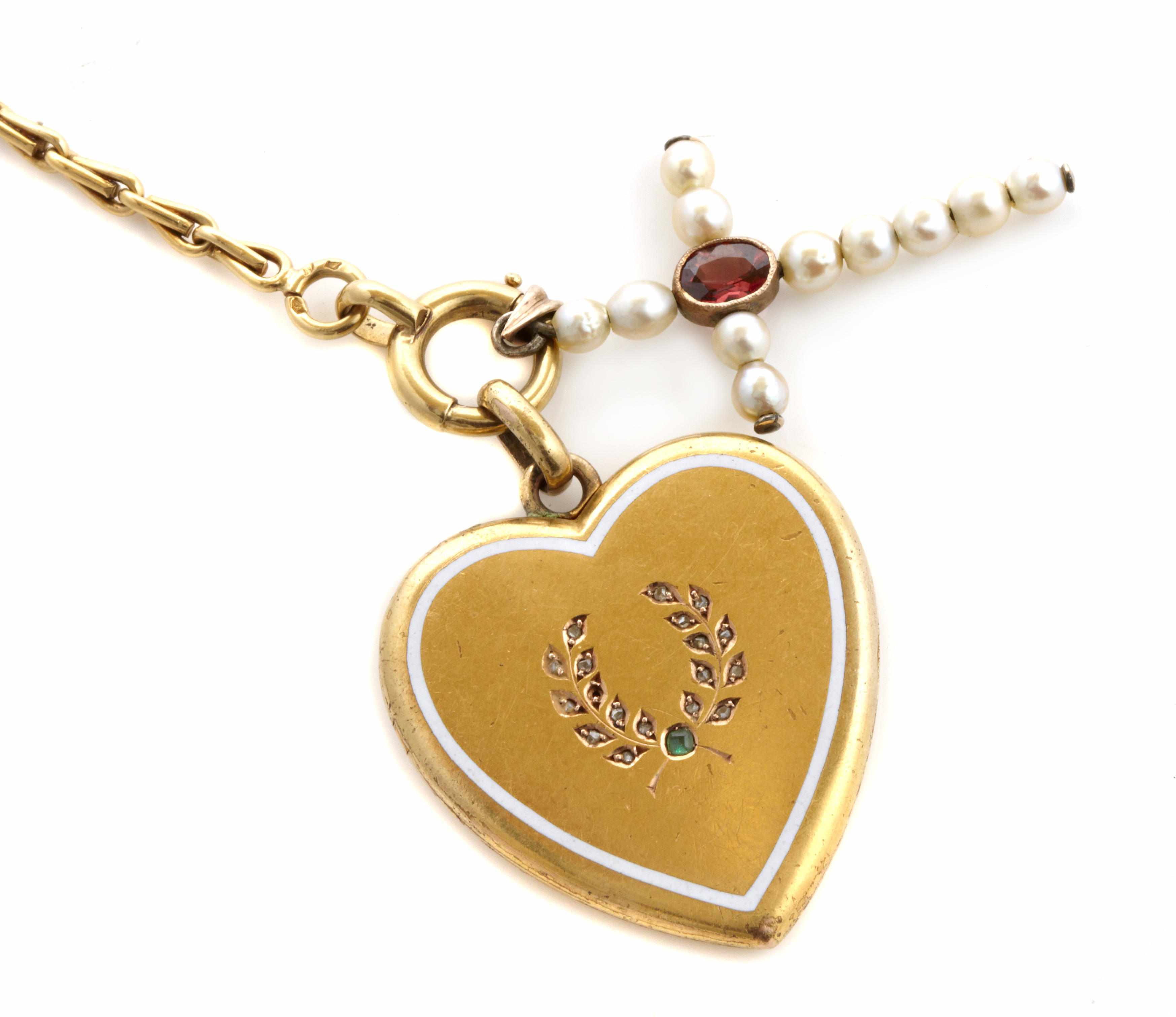 Appraisal: A cultured pearl gem-set and gold heart locket-pendant cruciform pendant