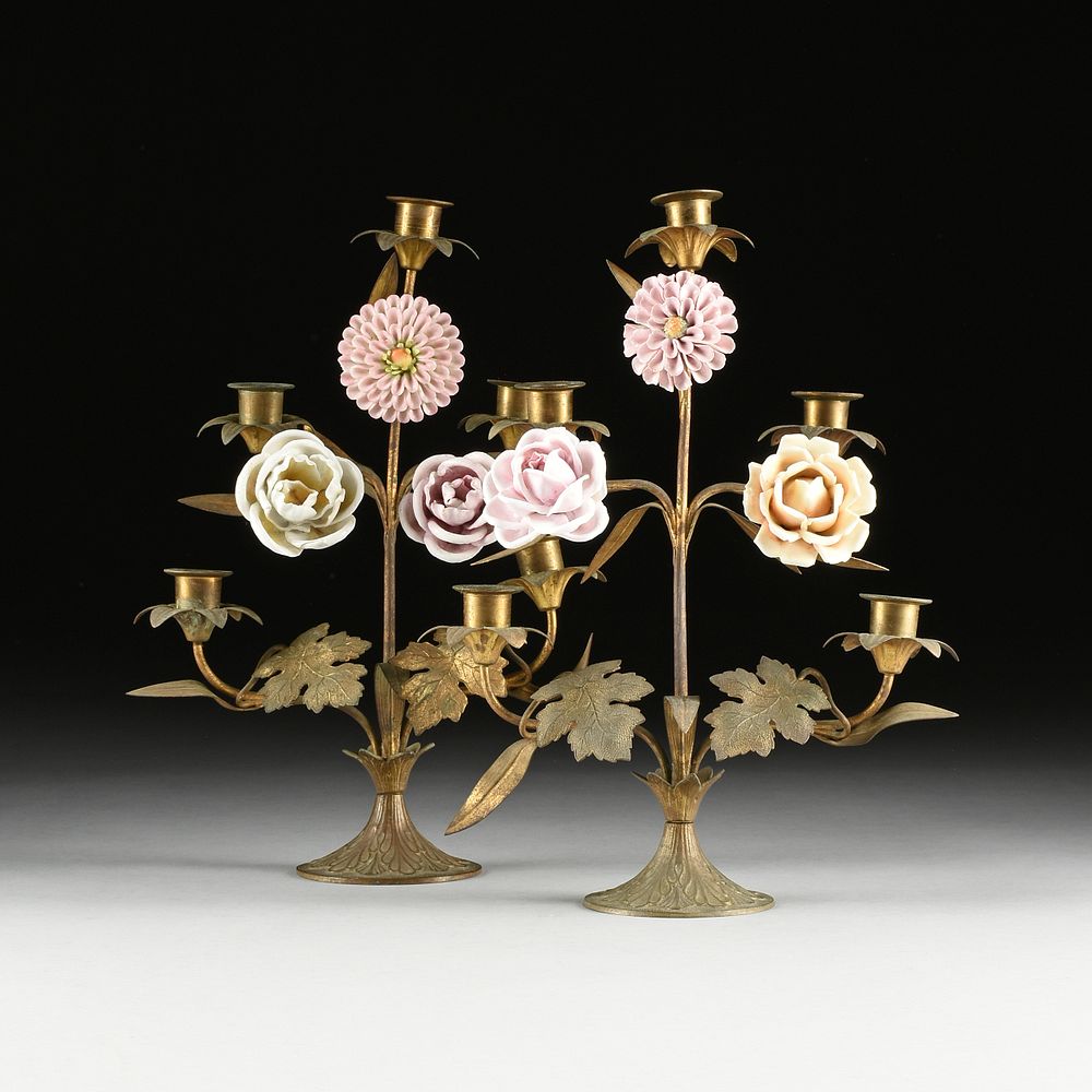 Appraisal: A PAIR OF VINTAGE BRASS AND PORCELAIN FLOWER BLOOM FIVE-LIGHT