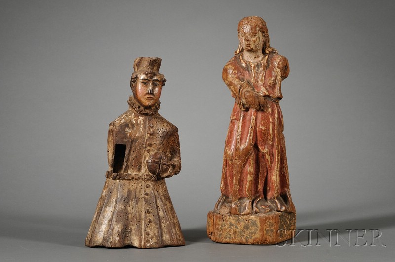 Appraisal: Two Polychrome Carved Wood Ecclesiastic Figures comprising a female saint