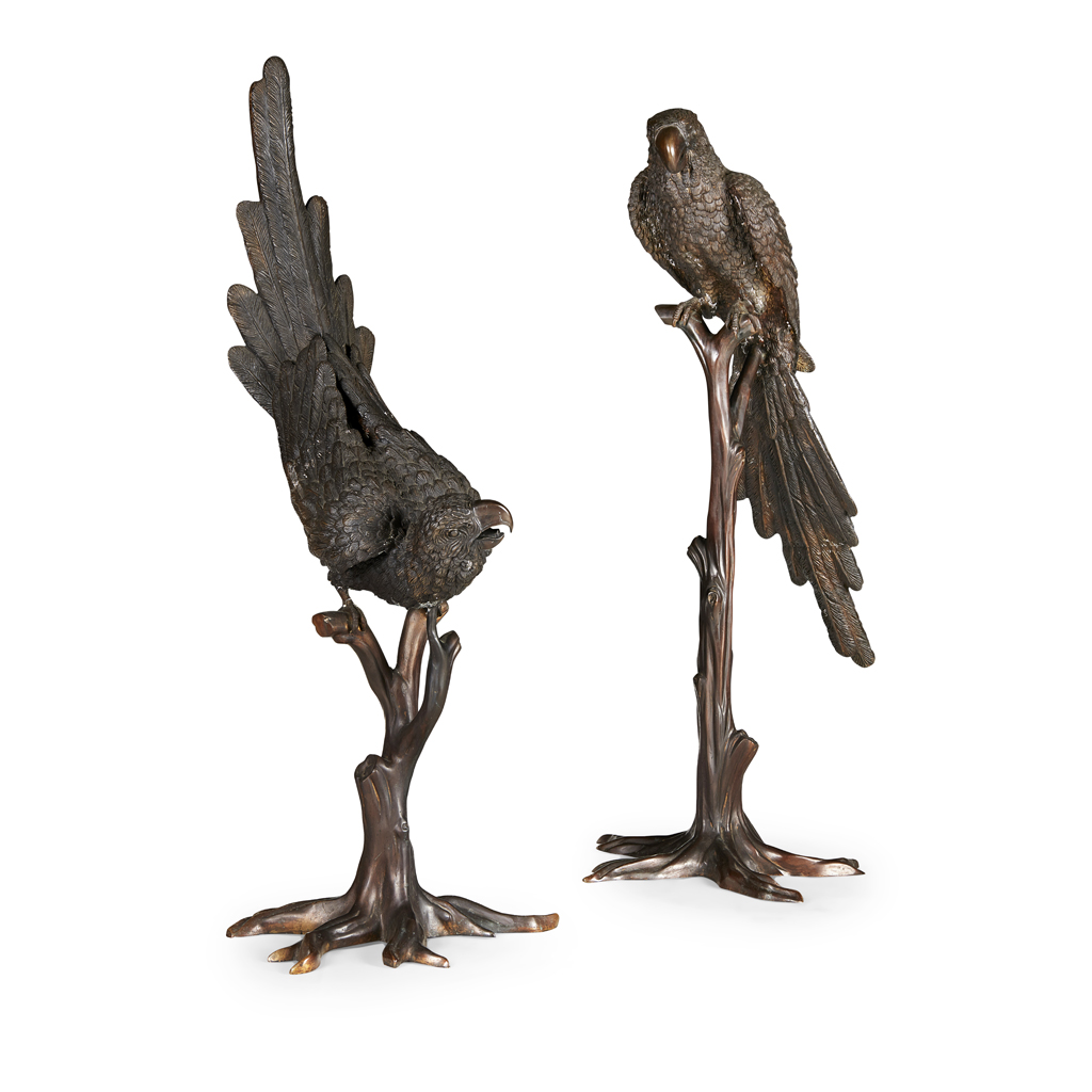 Appraisal: TWO LARGE BRONZE FIGURES OF PARROTS TH CENTURY each perched