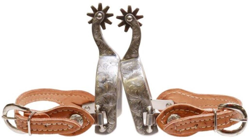 Appraisal: pair Western stainless steel finish spurs Francois Gauthier engraved outside