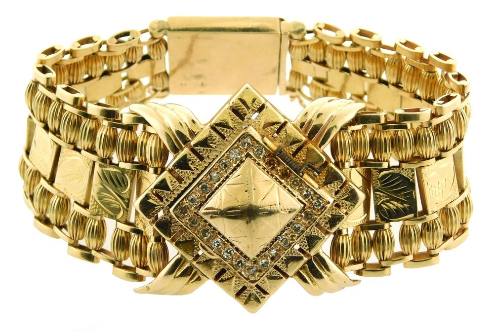 Appraisal: JEWELRY K yellow gold watch bracelet with diamonds band with