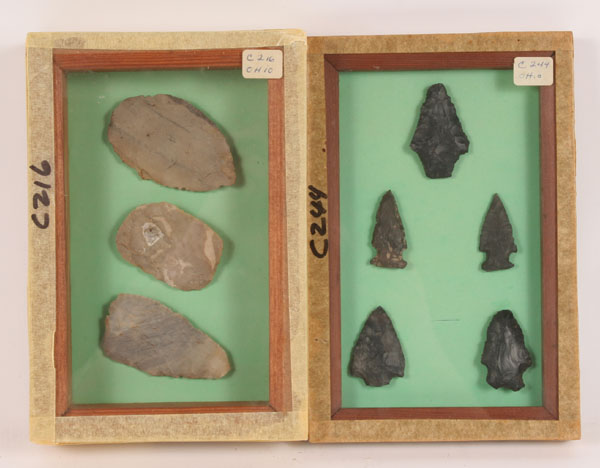 Appraisal: Two frames C three knives Jacksontown OH C five arrowheads