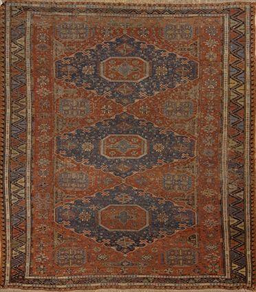 Appraisal: SOUMAK CARPET Worked with blue ground hexagons anchored to rose